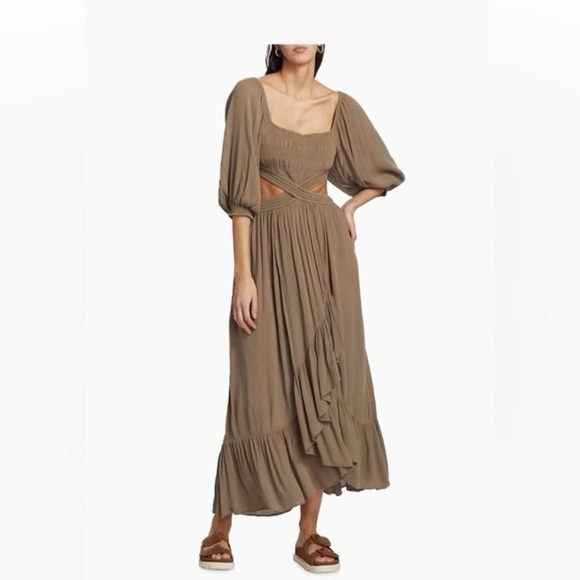 Free People Cross My Heart Cutout Maxi Dress taupe balloon sleeve side cut outs - Picture 6 of 14
